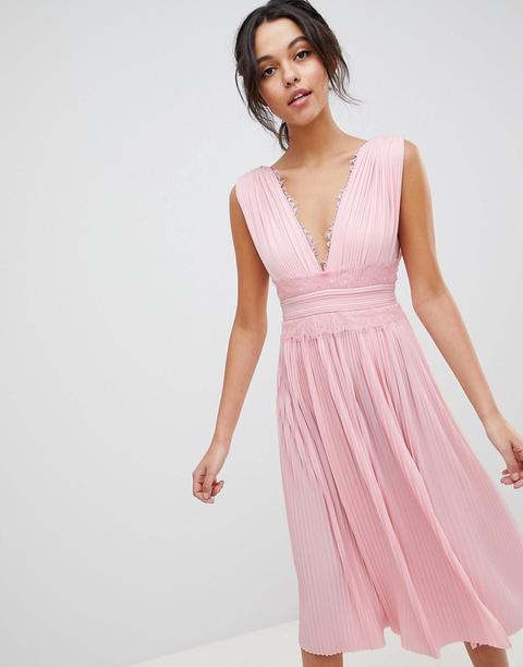 Asos Design Premium Lace Insert Pleated Midi Dress - Blush