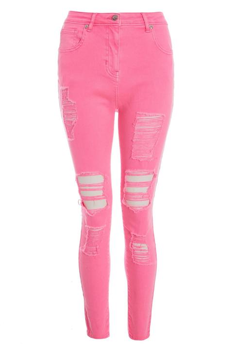 neon pink distressed jeans