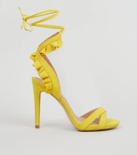 Yellow Suedette Frill Ankle Tie Stiletto Heels New Look