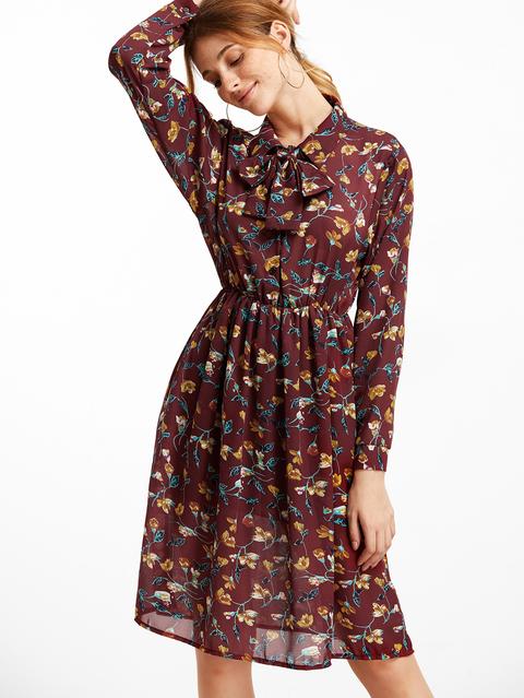 Florals Tie Neck Chiffon Shirt Dress