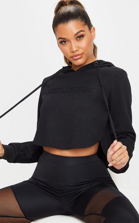 Prettylittlething Black Embossed Cropped Sports Hoodie