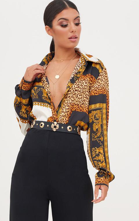 Black Leopard Print Satin Oversized Shirt