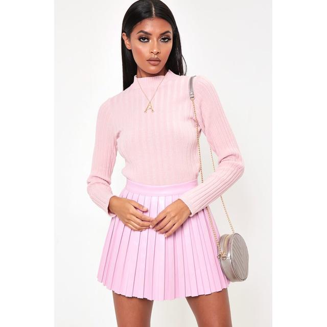 Pink Faux Leather Pleated Mini Skirt, Pink Faux Leather Skirt