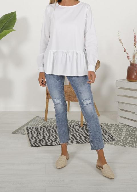 Blusa Bajo Volante Botones Espalda Blanca