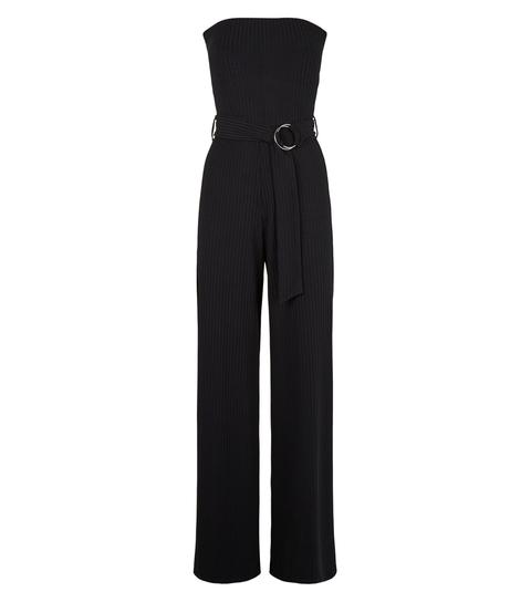 Black Ribbed Belted Split Strapless Jumpsuit New Look