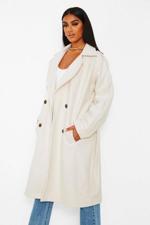 Womens Wool Look Belted Trench Coat - Cream - 12, Cream