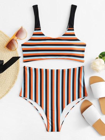 Multicolor Stripe Tank Top With High Waist Bikini