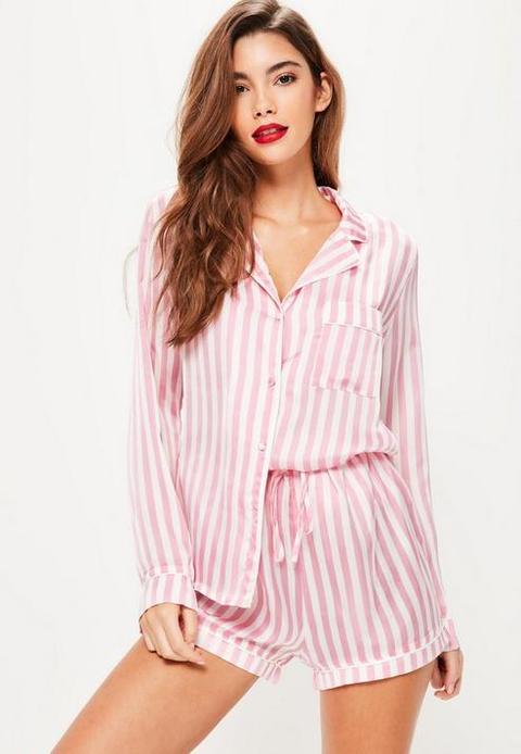 Pink Striped Satin Short Pyjama Set, Pink