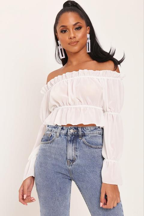 Sheer Ruffle Bardot Crop Top