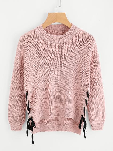 Eyelet Lace Up Side Dip Hem Sweater