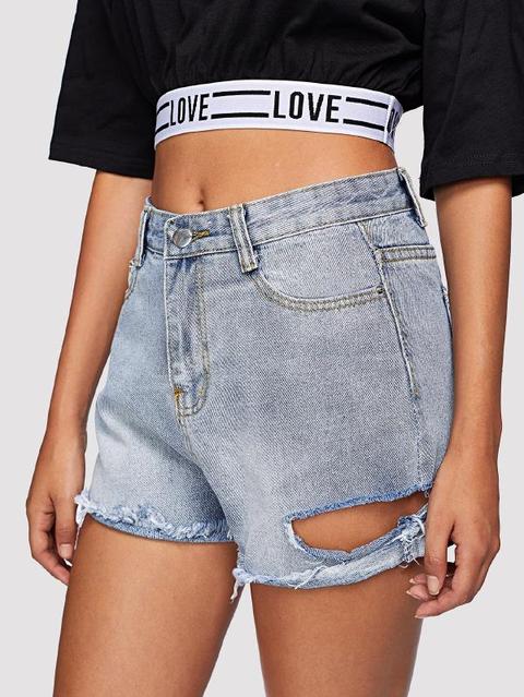 Shorts In Denim Strappati Orlo Sfilacciato