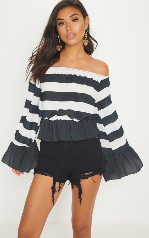 Black Stripe Flare Bardot Sleeve Top