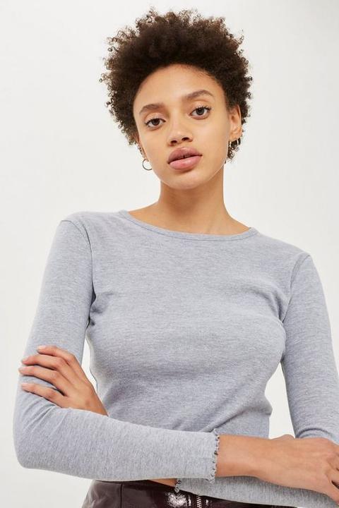 Womens Long Sleeve Lettuce Hem Crop Top - Grey Marl, Grey Marl