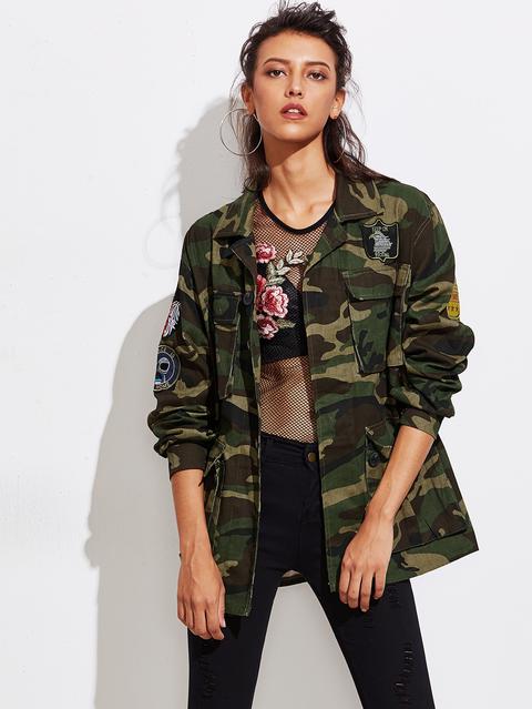 Camo Military Jacket With Embroidered Badges