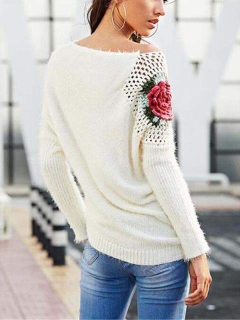 White Floral Print Irregular Going Out Sweet Pullover Sweater