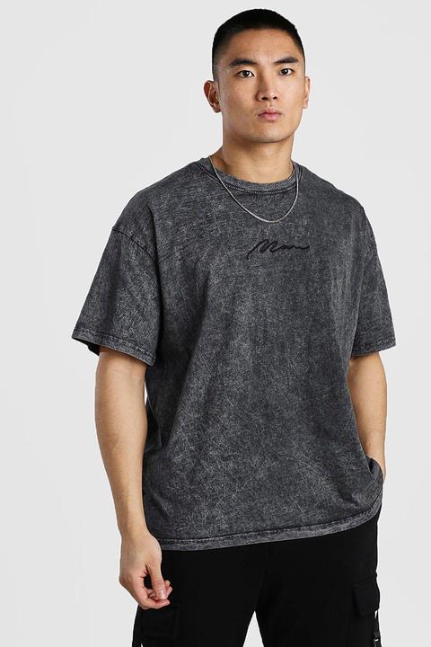 T-shirt Oversize Signature Man Délavé À L'acide Homme - Anthracite - Xs, Anthracite