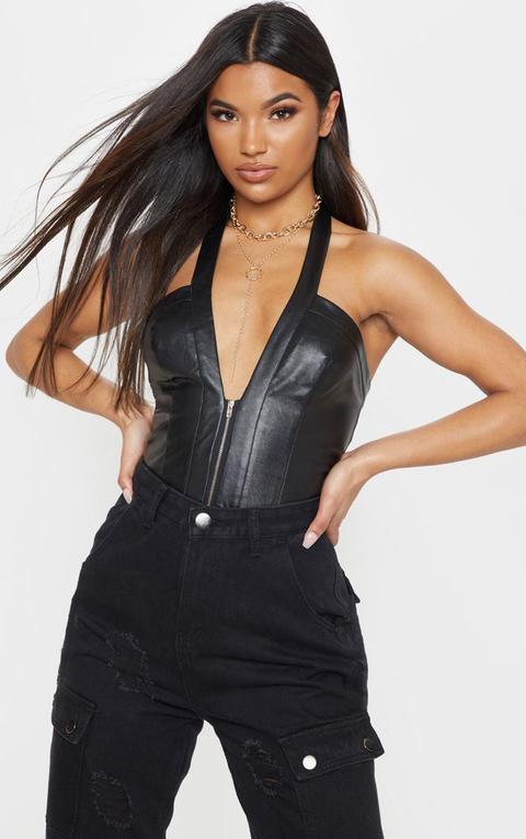 Black Zip Front Pu Halterneck Bodysuit, Black