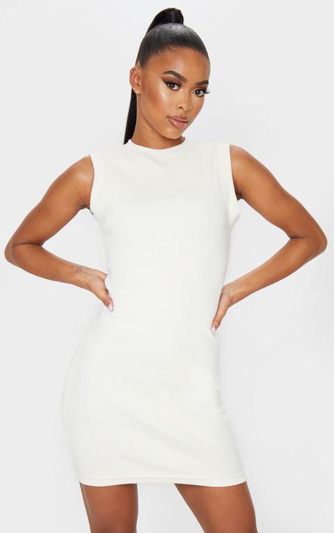 Cream Round Neck Ribbed Mini Dress