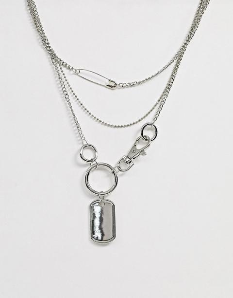 Asos Design Multirow Necklace With Hardware Clip And Dog Tag Pendants In Silver Tone