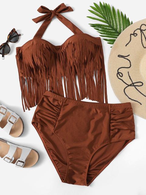 Set Bikini Halter Con Bordo Plissettato Con Frangia