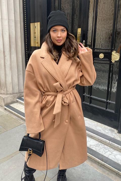 Tan Coats - Naomi Genes Camel Wool Double Breasted Belted Longline Coat