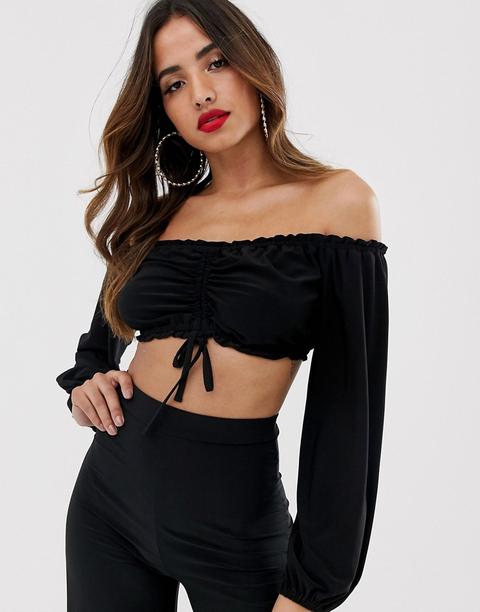 Flounce London - Top Corto Arricciato Nero Con Scollo Alla Bardot - Nero