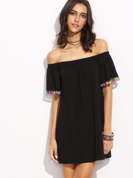 Vestido Hombros Al Aire Con Pompones - Negro