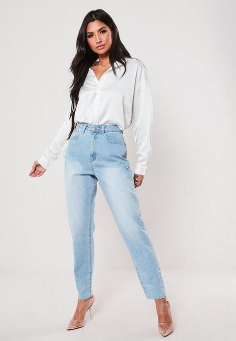 Light Blue Highwaisted Distressed Mom Jeans, Blue