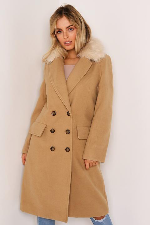 Camel Faux Fur Collar Long Coat