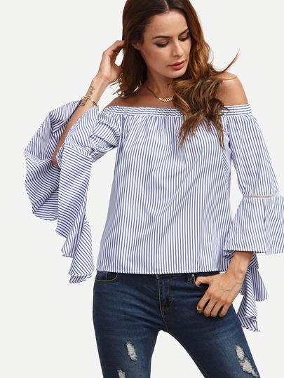 Blusa Rayas Hombro Al Aire Manga De Volantes -azul