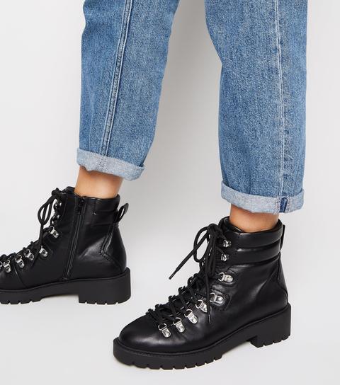 Black Leather-look Chunky Lace Up Boots New Look Vegan