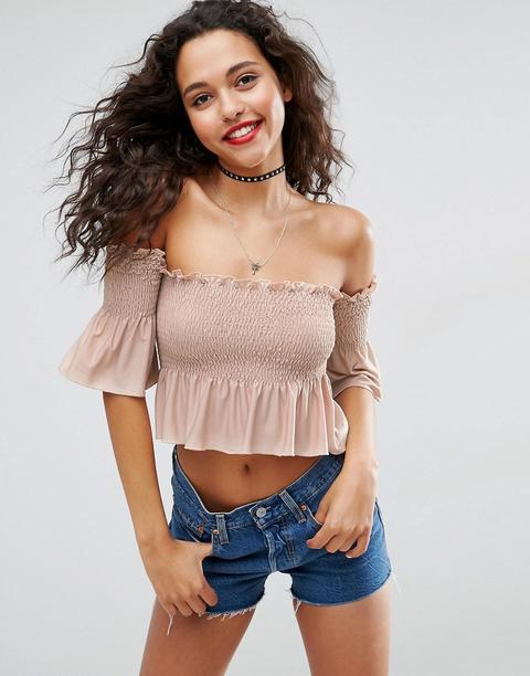 Asos - Top Con Spalle Scoperte E Volant A Pieghe - Rosa