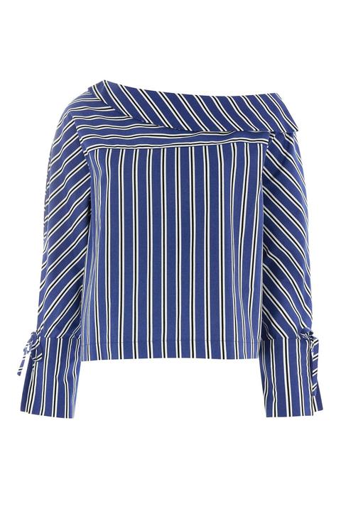 Womens Stripe Fold Neck Bardot Top - Blue, Blue