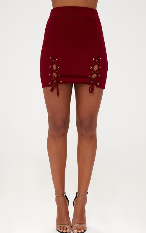 Burgundy Double Split Lace Up Mini Skirt