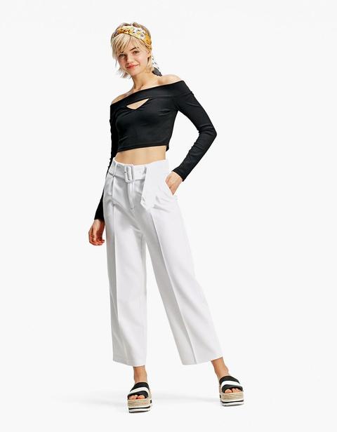 Pantaloni Cropped Con Fibbia Foderata Bianco