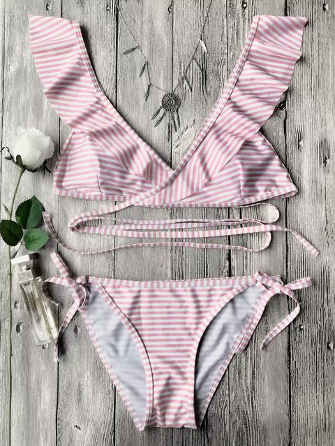 Bikini Stringato Avvolgente A Righe Con Spalline A Balze Pink