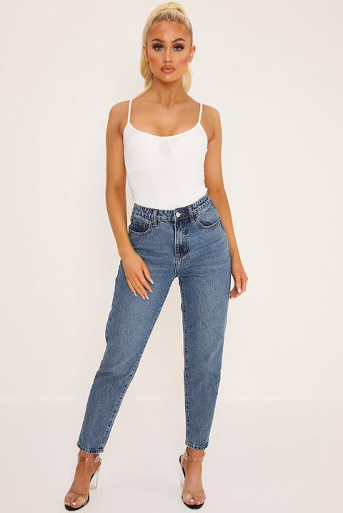 Mid Blue High Rise Raw Hem Mom Jeans