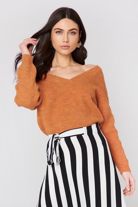Na-kd Off Shoulder V Knitted Sweater - Orange