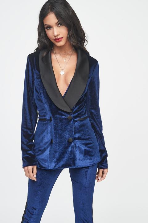 Navy Velvet Longline Blazer With Satin Lapel