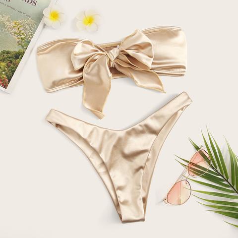 Set Bikini Bandana In Raso Con Fiocco E Taglio Alto