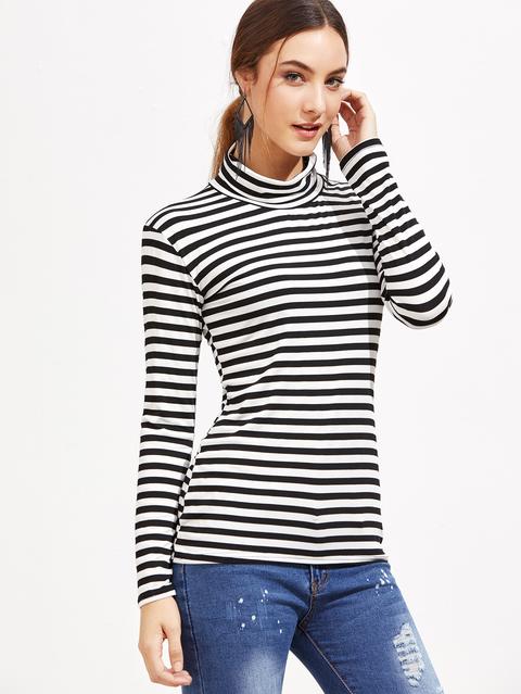 Black And White Striped High Neck T-shirt