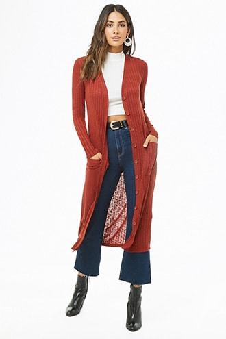 Forever 21 Ribbed Longline Cardigan Rust