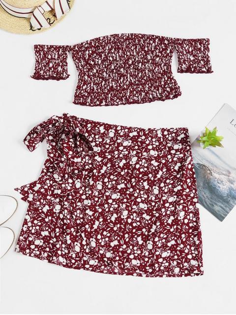 Zaful Conjunto De Top Floral Y Falda Red Wine