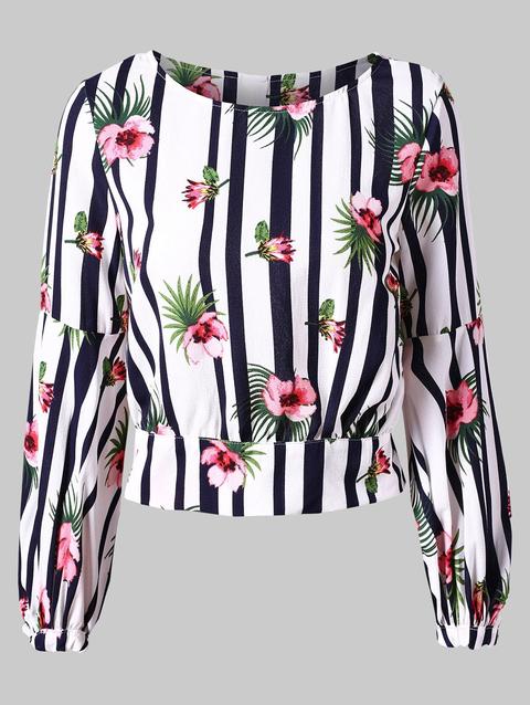 Floral Stripe Print Long Sleeve Crop Blouse