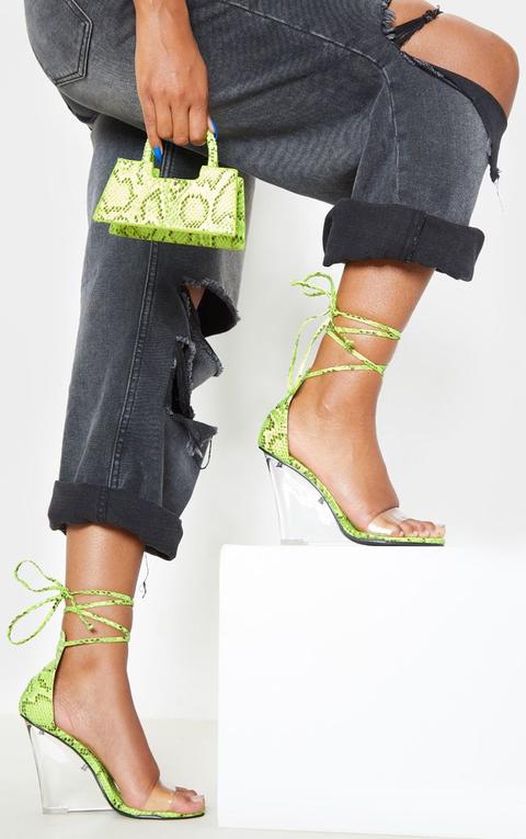 Lime Snake Ankle Tie Clear Wedges