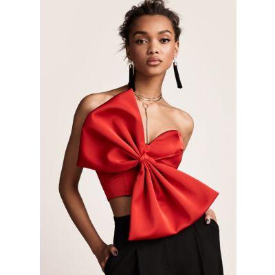 Red Oversized Bow Bandeau Satin Crop Top