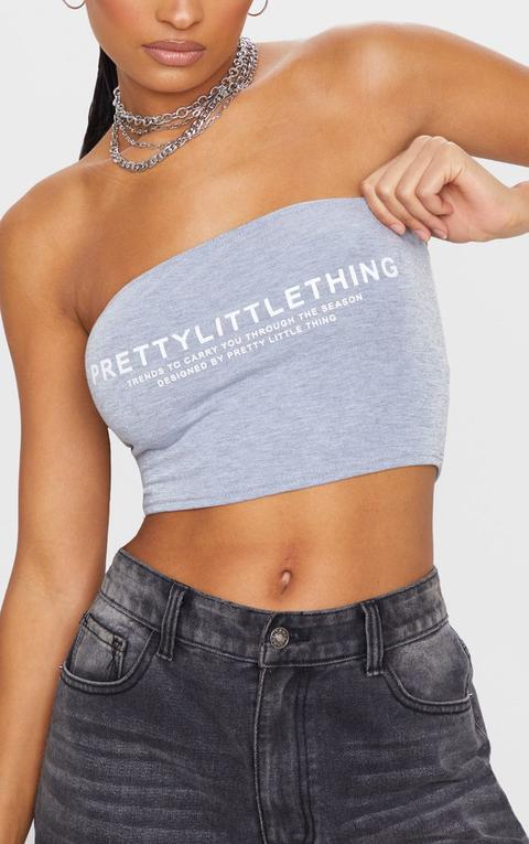 Prettylittlething Grey Jersey Printed Bandeau Top