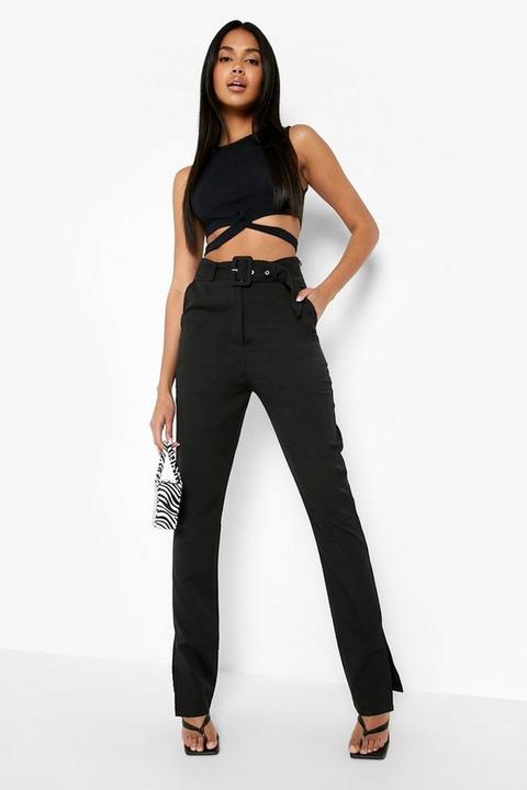 Womens Belted Woven Split Hem Skinny Trousers - Black - 6, Black