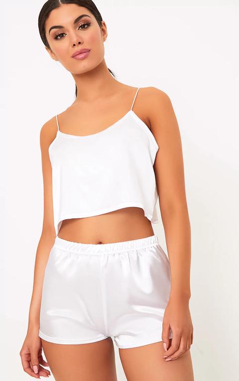 Issie White Satin Pyjama Shorts Set, White