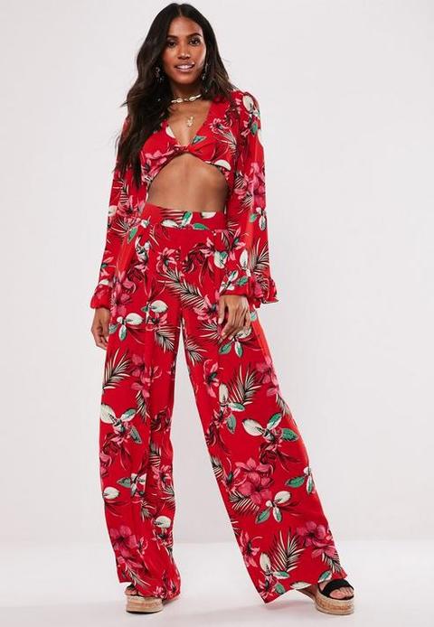 Tall Red Tropical High Waisted Wide Leg Trousers, Red